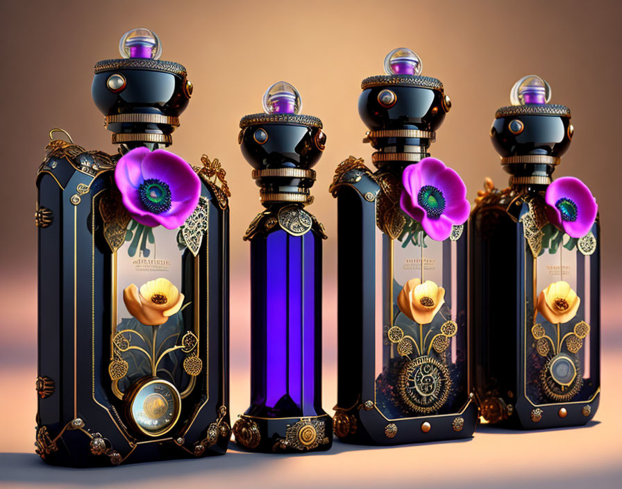 Four ornate perfume bottles with golden designs and purple flowers on warm backdrop