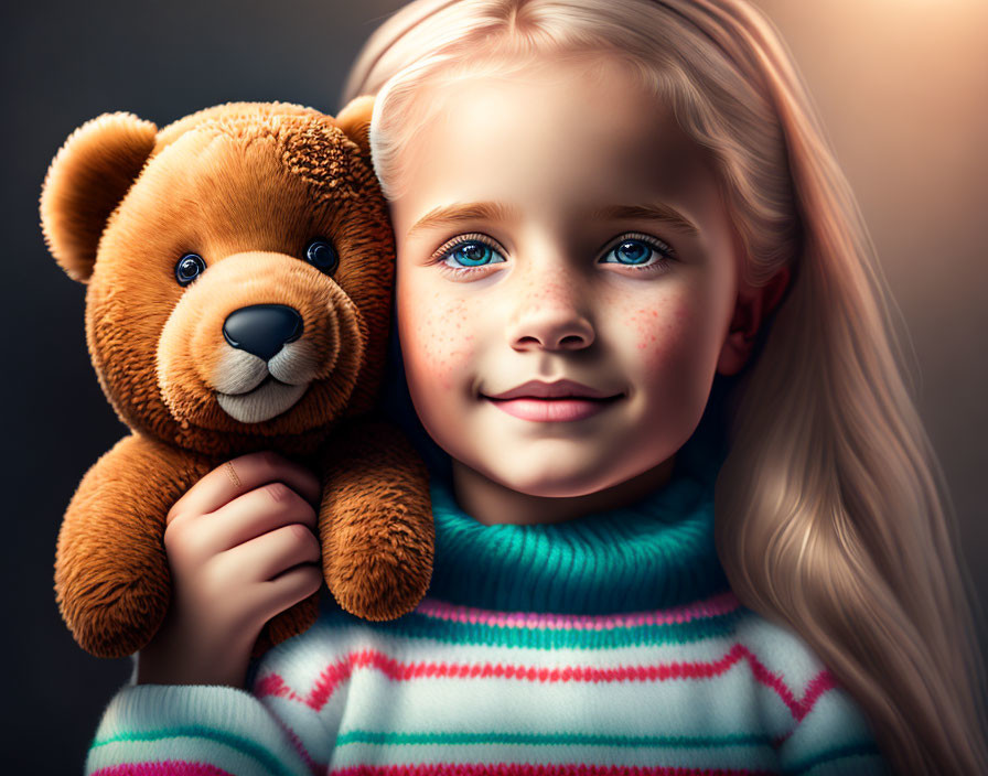 Blonde girl with teddy bear in warm portrait