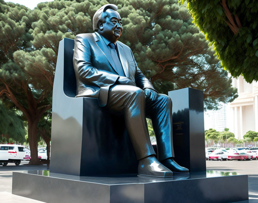 Seated male figure statue smiling outdoors among trees.