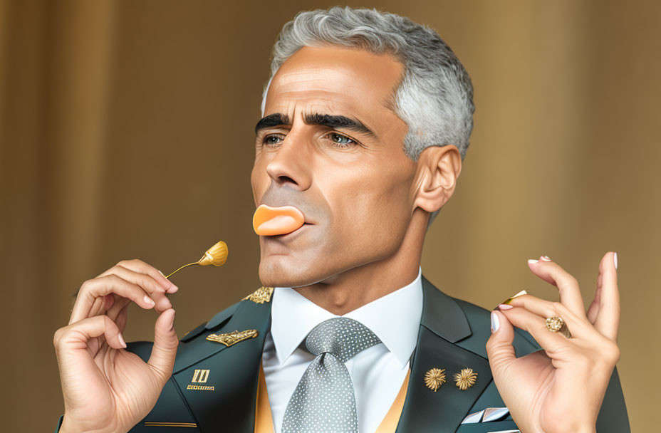 Elderly man in military uniform eating cheese with toothpick