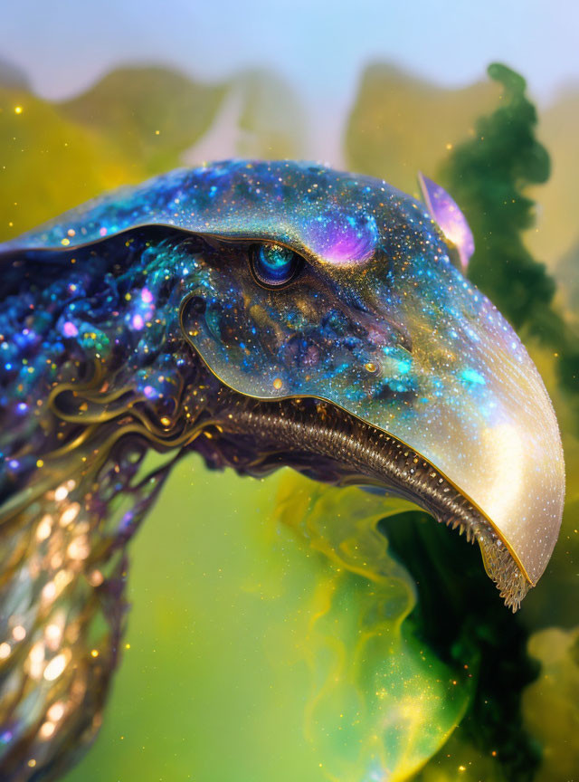 Fantastical bird with starry plumage on green backdrop