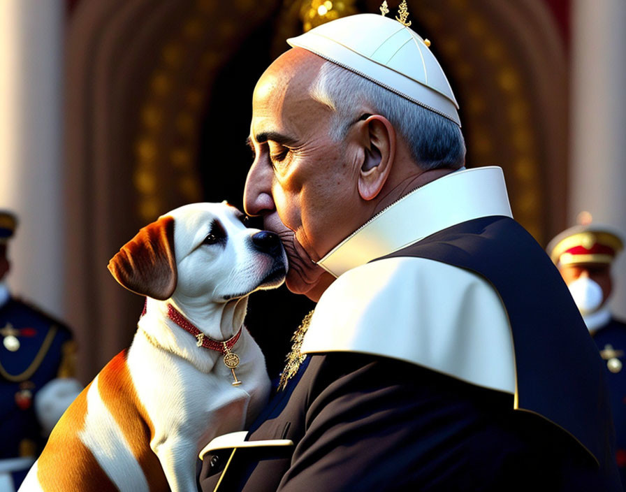 Man in ceremonial attire embracing a beagle with uniformed guards in the background