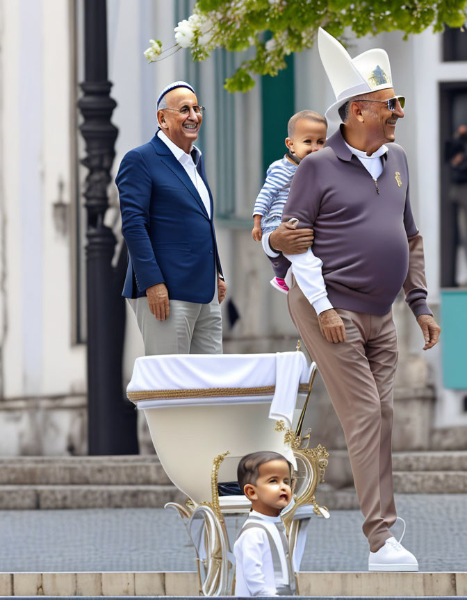 Two Men in Sunglasses with Baby and Toddler by Classic Baby Carriage