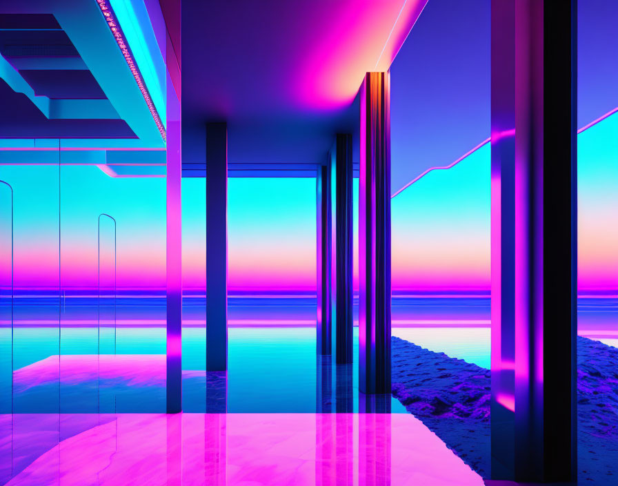 Neon-lit interior with reflective surfaces and surreal sunset beachscape