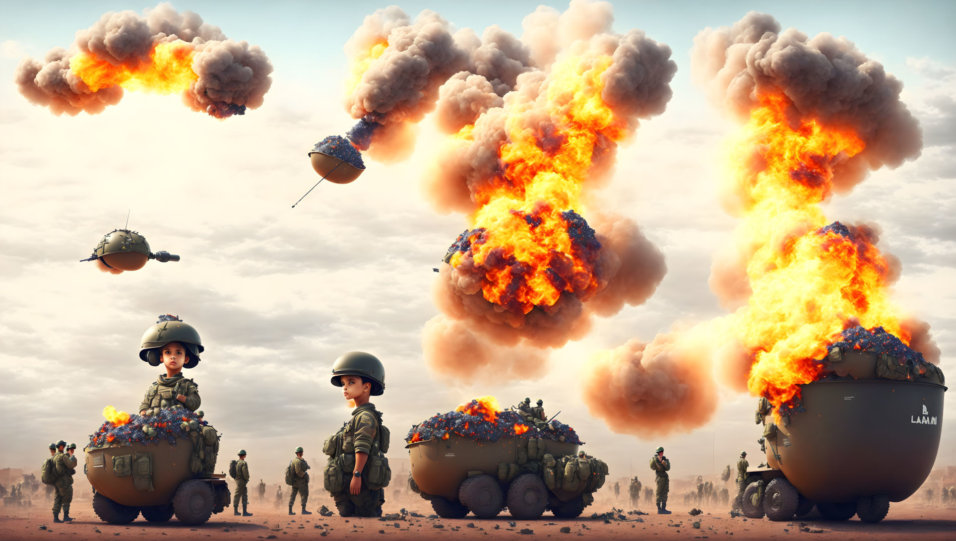 Soldiers and oversized teacups in surreal war scene