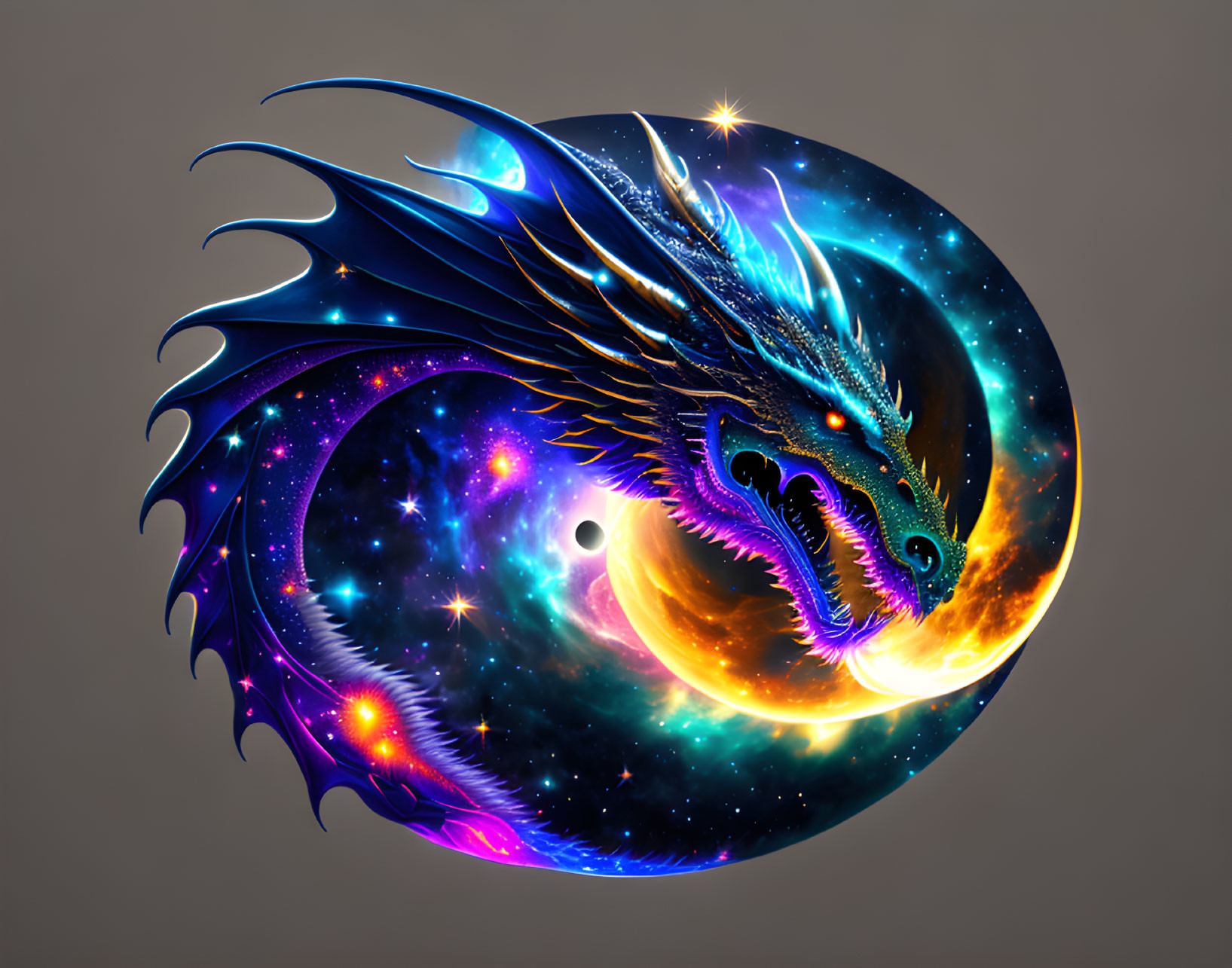 Colorful Cosmic Dragon in Circular Frame on Gray Background