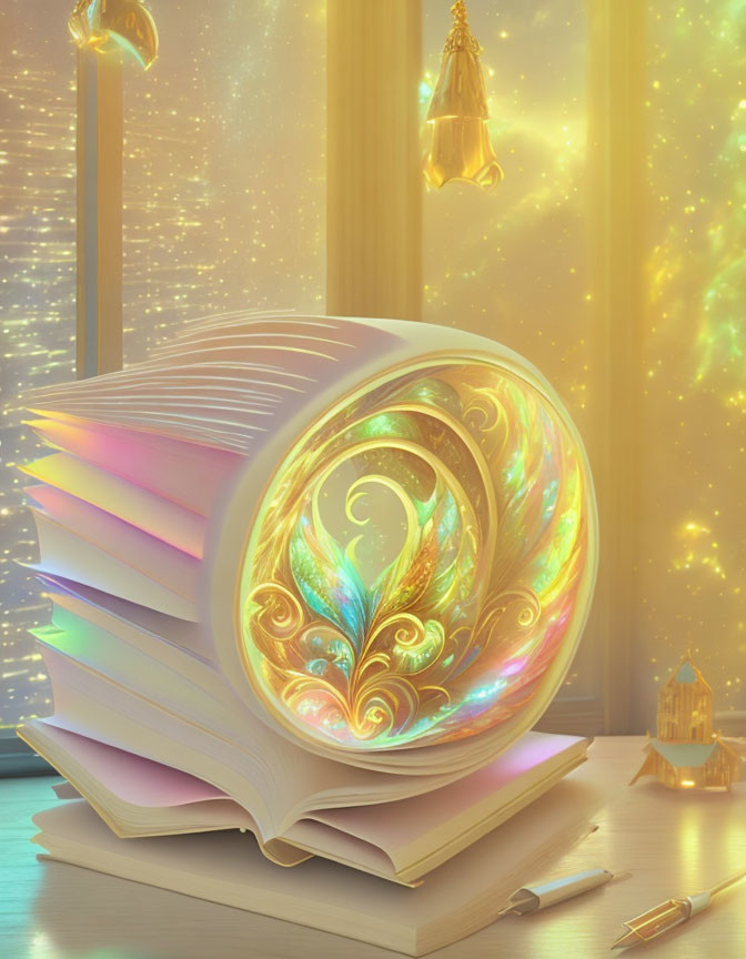 Glowing magical book with luminous orb on desk by starry window