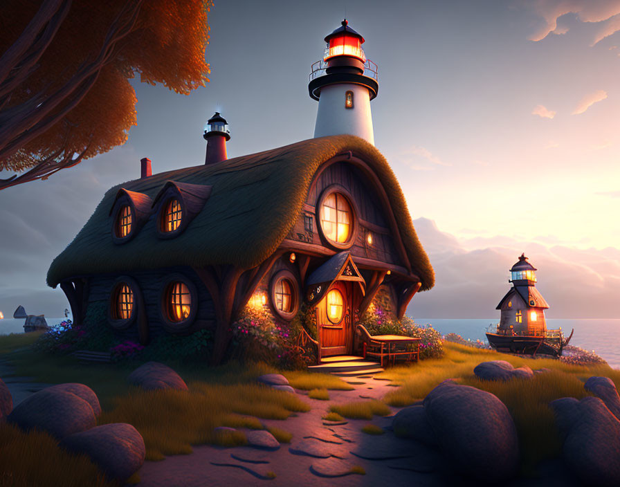 Whimsical lighthouse and cottage in lush greenery at sunset