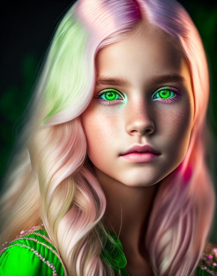 Portrait of girl with green eyes, multicolored hair, freckles, and green outfit on