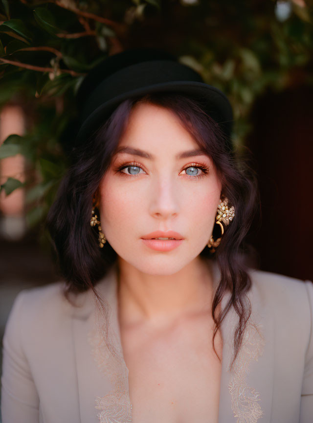 Blue-eyed woman in black hat and gold earrings, framed by leaves