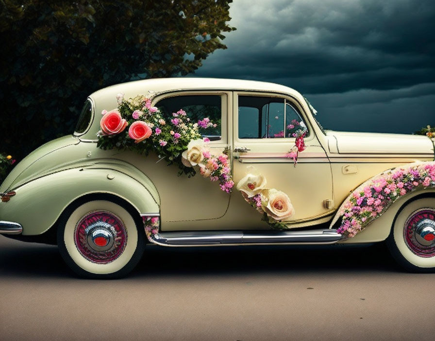 Vintage Cream-Colored Car Adorned with Pink and White Flowers in Stormy Sky Setting