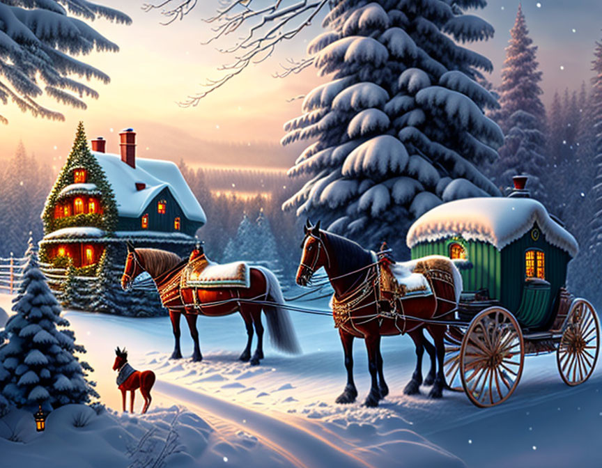 Snowy landscape with horse-drawn carriage and decorated houses