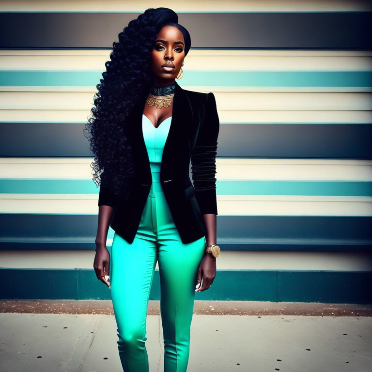 Woman in Turquoise Jumpsuit & Black Blazer on Striped Background