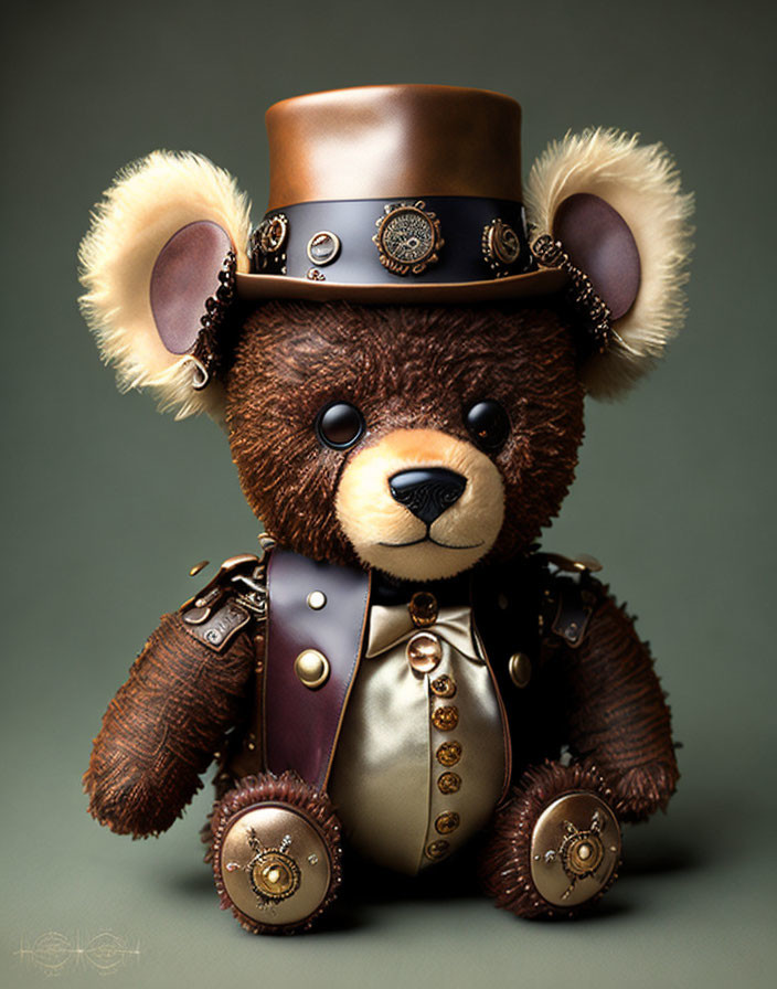 Steampunk-themed plush teddy bear with leather top hat and brass details