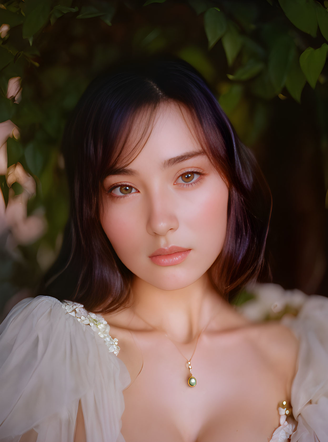 Woman portrait with dark hair, fair skin, white dress, and foliage background