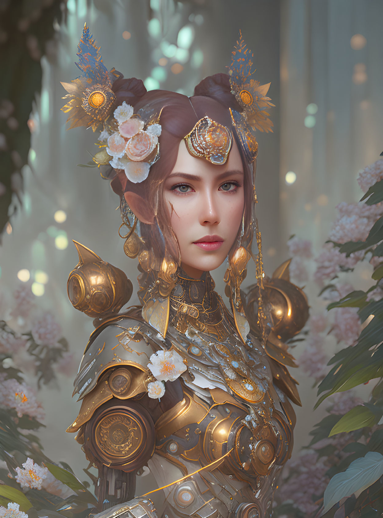 Digital artwork: Woman in golden armor with floral adornments against white blossoms