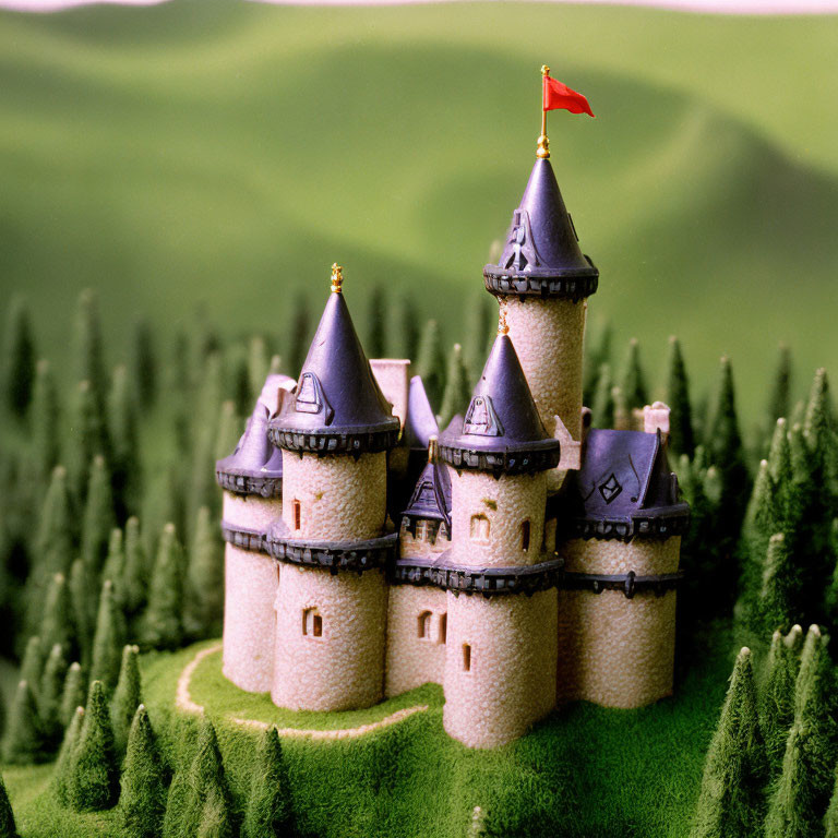 Miniature fairy tale castle with turrets on green hill surrounded by pine trees