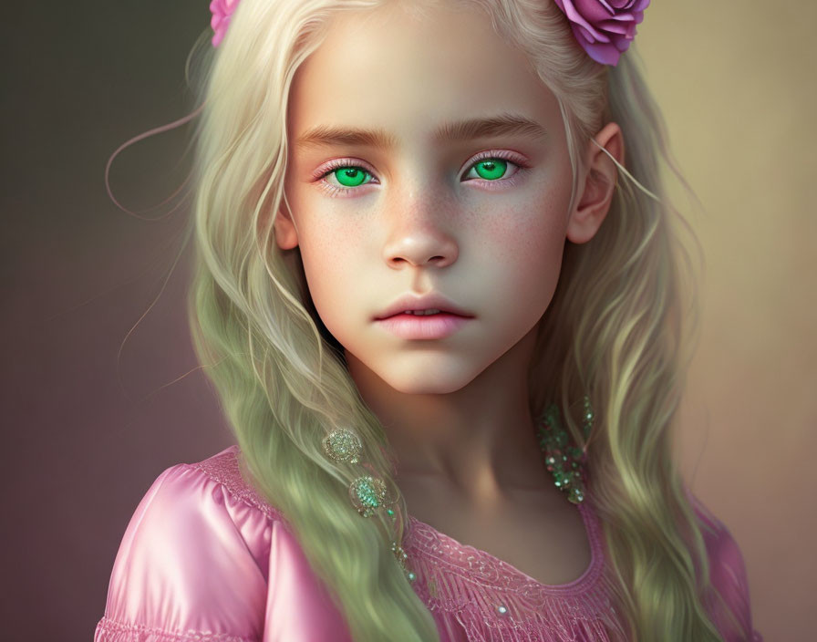 Young girl with green eyes, pale skin, blonde hair & pink flowers