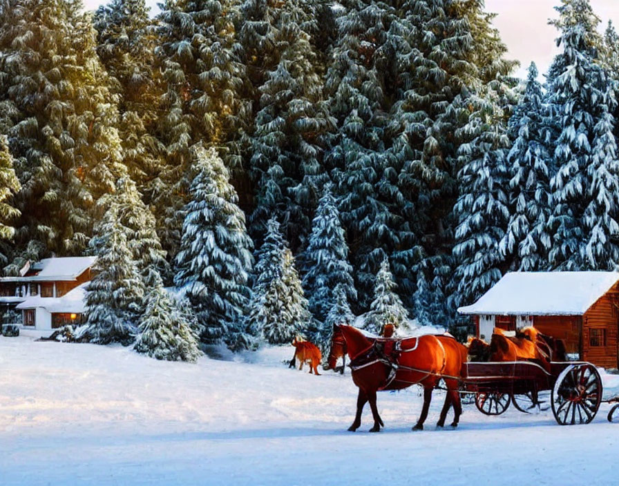 Snow-covered landscape with horse-drawn carriage and cabins