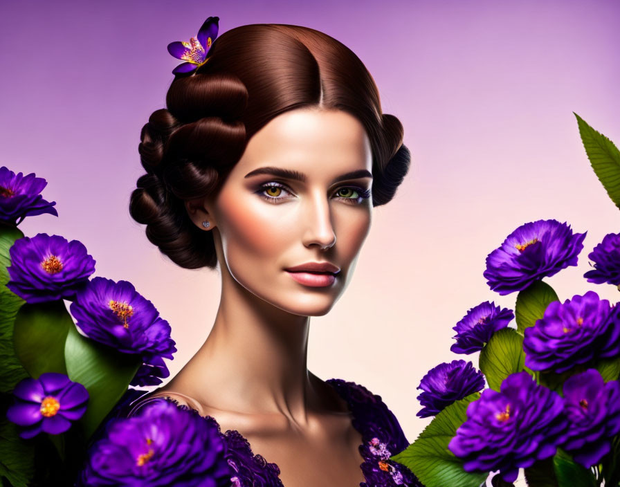 Digital artwork: Woman with stylized hair and butterfly among purple flowers on soft-focus violet background