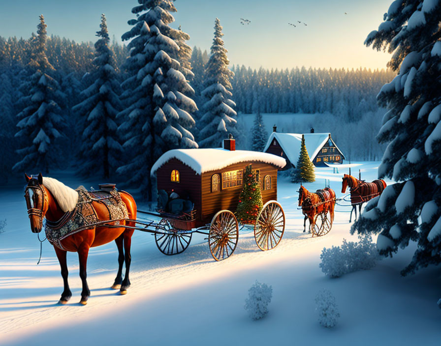 Snow-covered path with horse-drawn carriage, cozy cottages, and pine forest at twilight