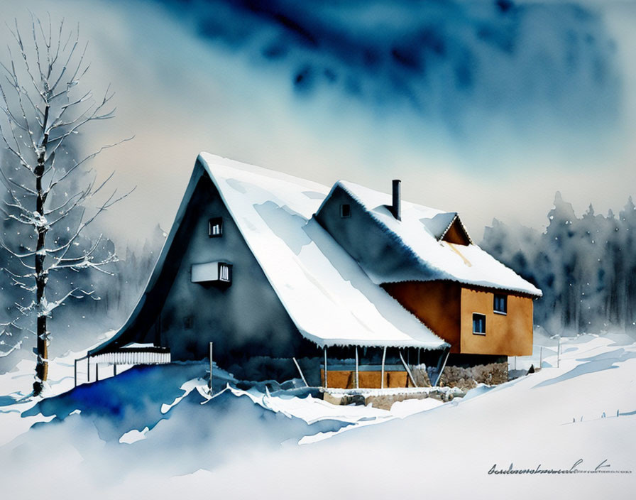 Snow-covered house with unique roof in watercolor art.