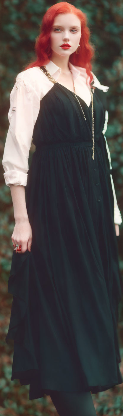 Red-Haired Woman in Black Dress and White Blouse Among Foliage