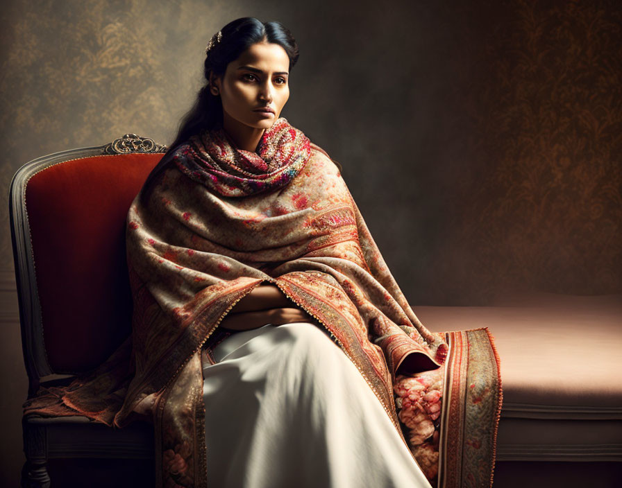 Elegant woman in shawl on antique chair against patterned backdrop