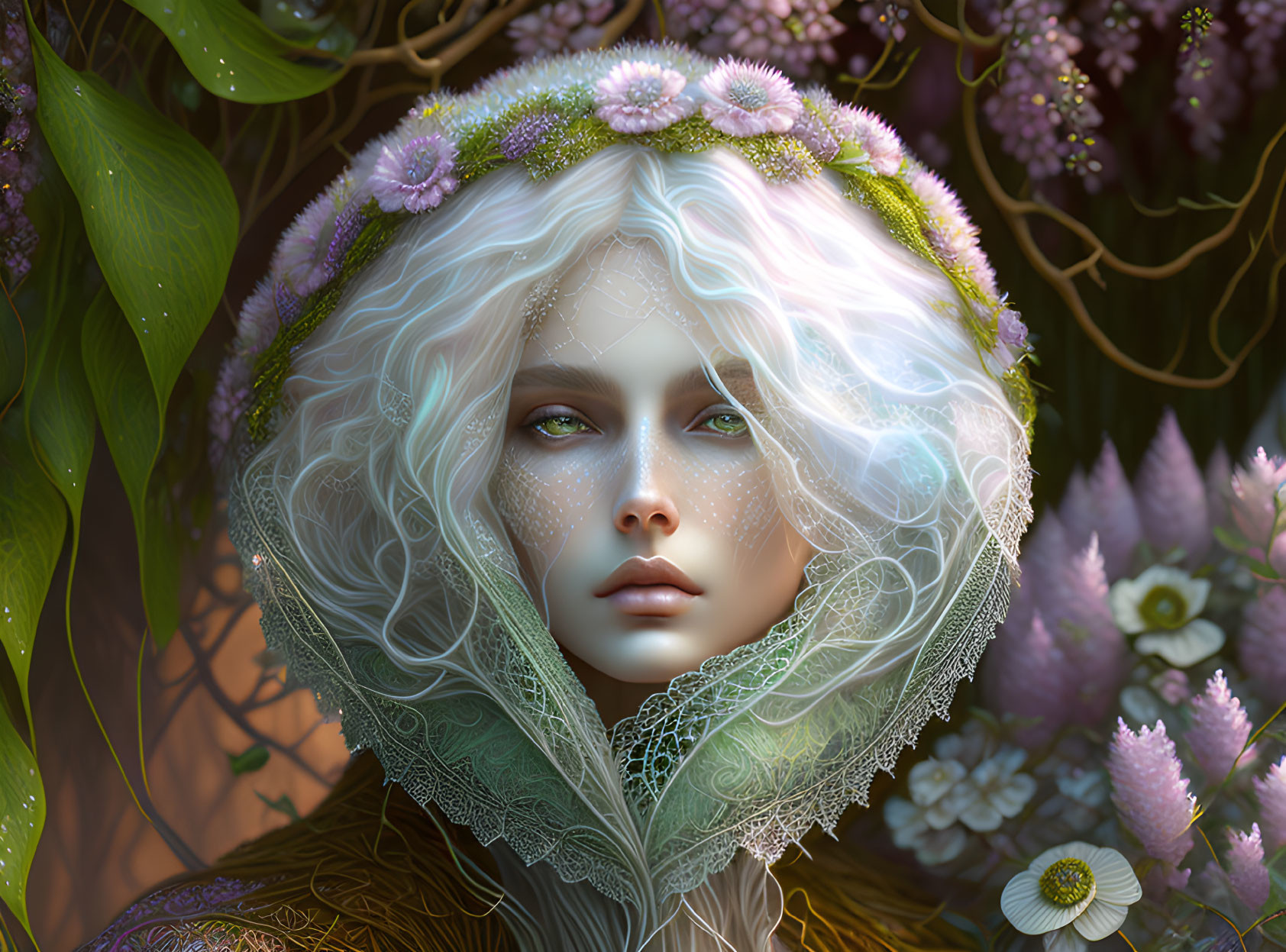 Portrait of woman with white wavy hair, floral crown, lace hood, and purple flowers.