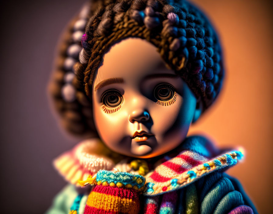 Vintage porcelain doll with braided hair and colorful attire.