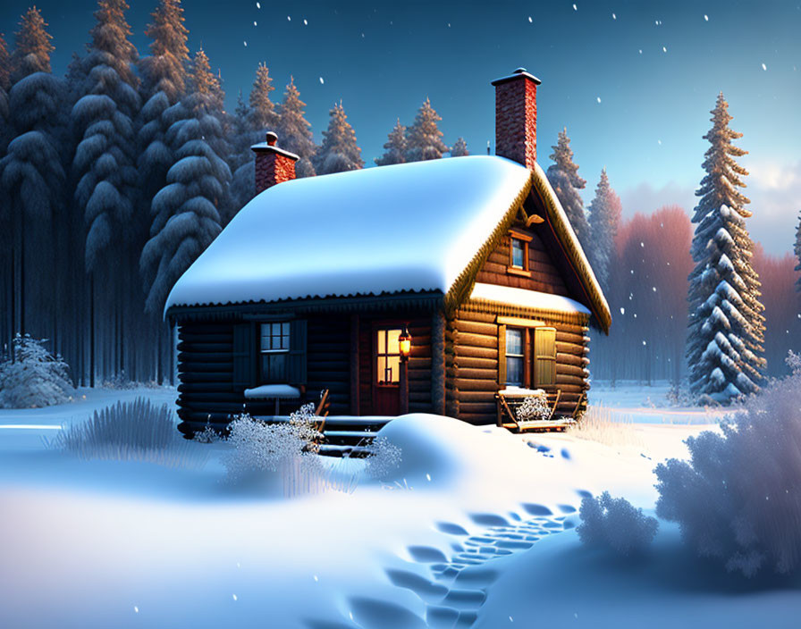 Snowy twilight scene: cozy log cabin with glowing window in serene landscape