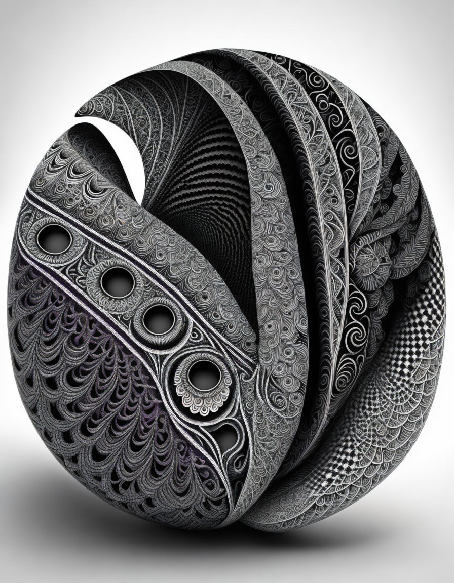 Intricate 3D spherical object with swirls, loops, and dark voids