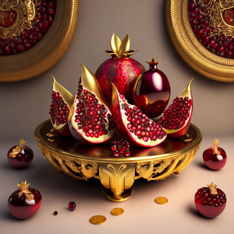 Golden bowl with stylized pomegranate, ruby red seeds, opulent frames, and scattered