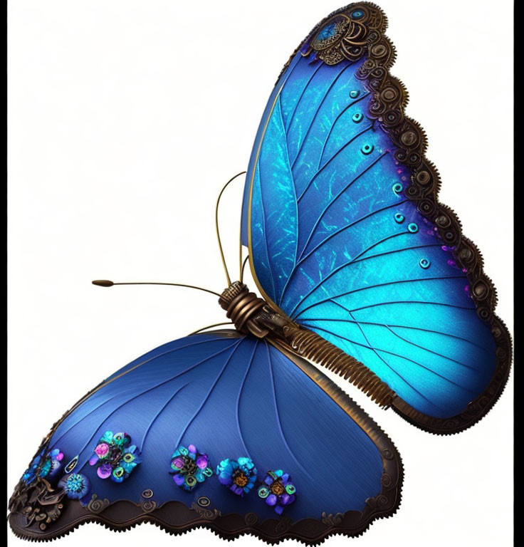 Colorful digital butterfly illustration with iridescent blue wings and intricate patterns.