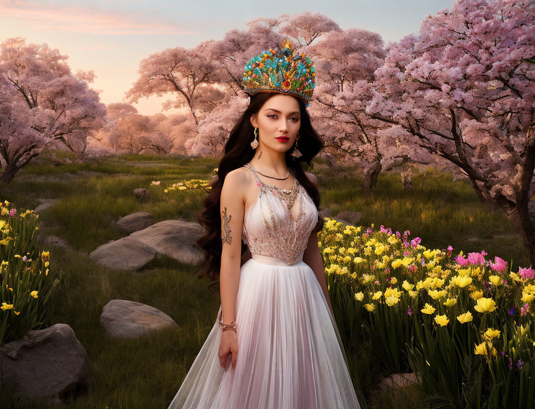 Woman in white dress with colorful crown among flowering trees and yellow flowers.