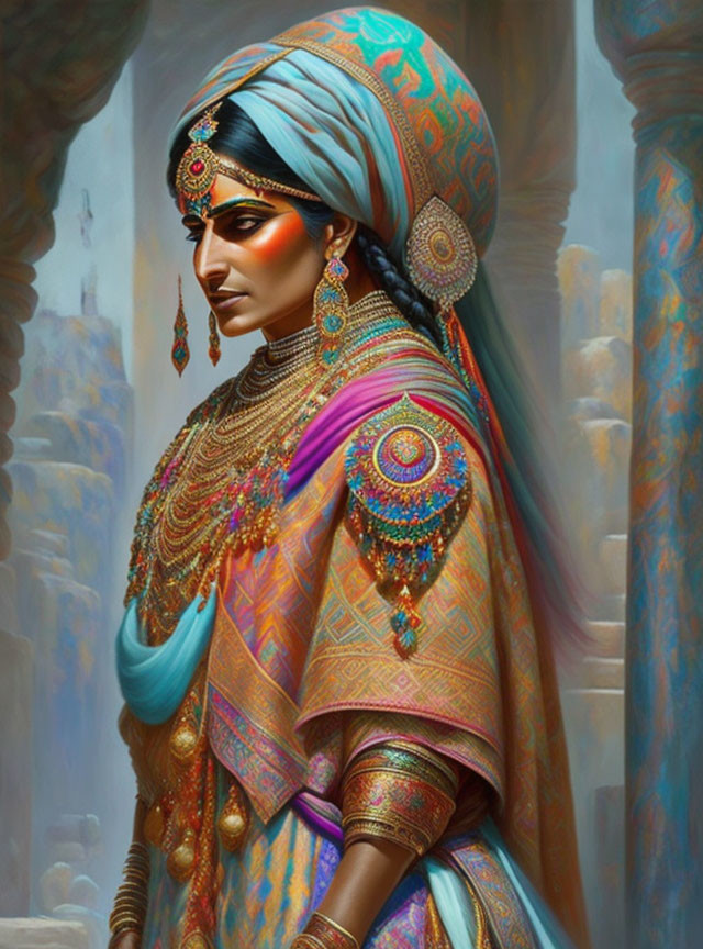 Traditional Attire and Jewelry Portrait in Sunlit Painting