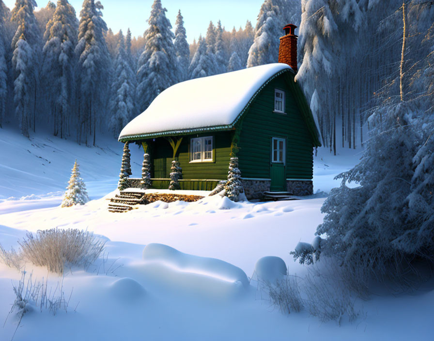 Snowy Forest Clearing: Green Cabin with Smoking Chimney in Serene Winter Scene