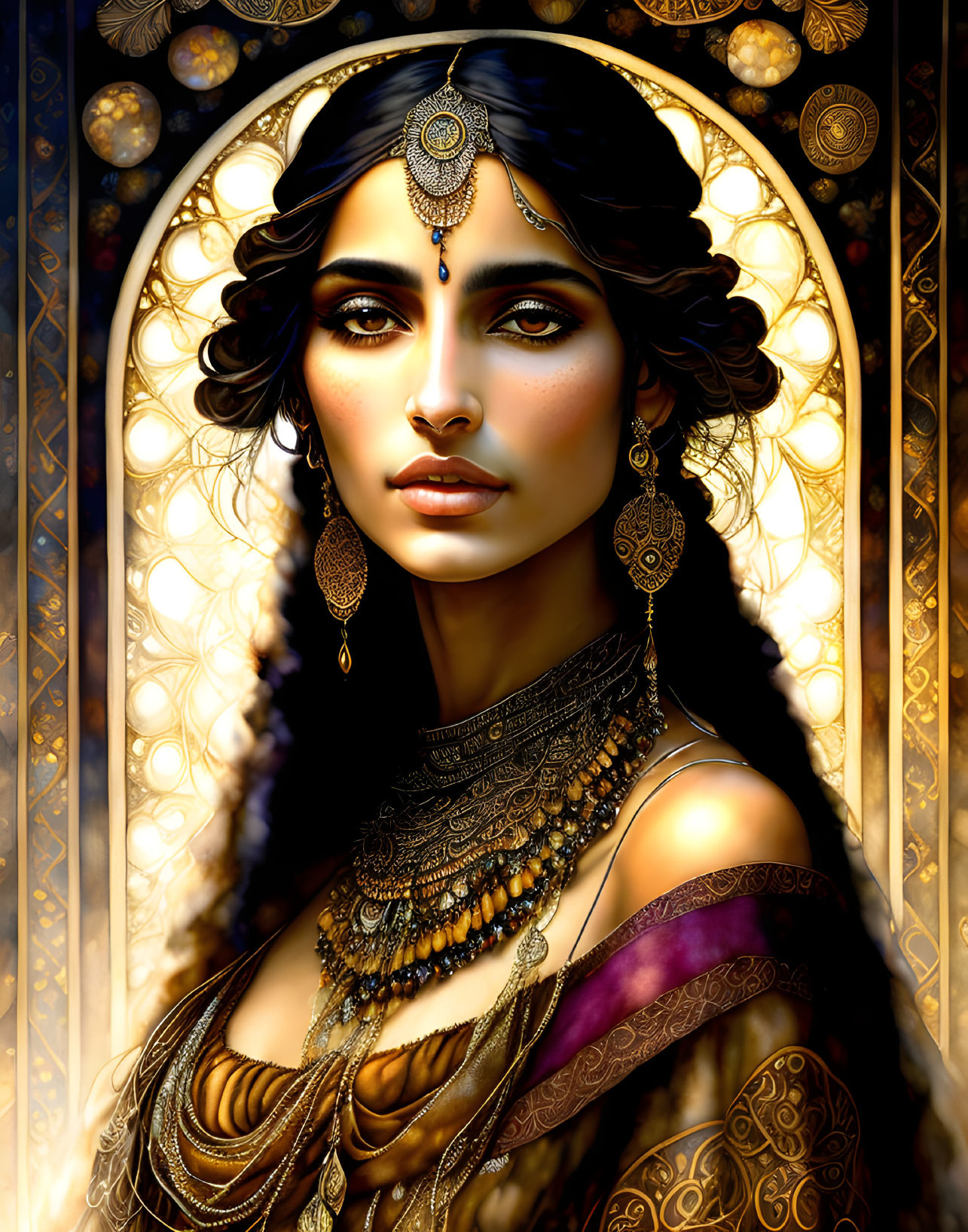 Intricate gold jewelry adorns woman in illustrated portrait