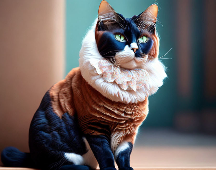 Cat with Ruffled Collar and Human-Like Eyes in Black and Orange Fur