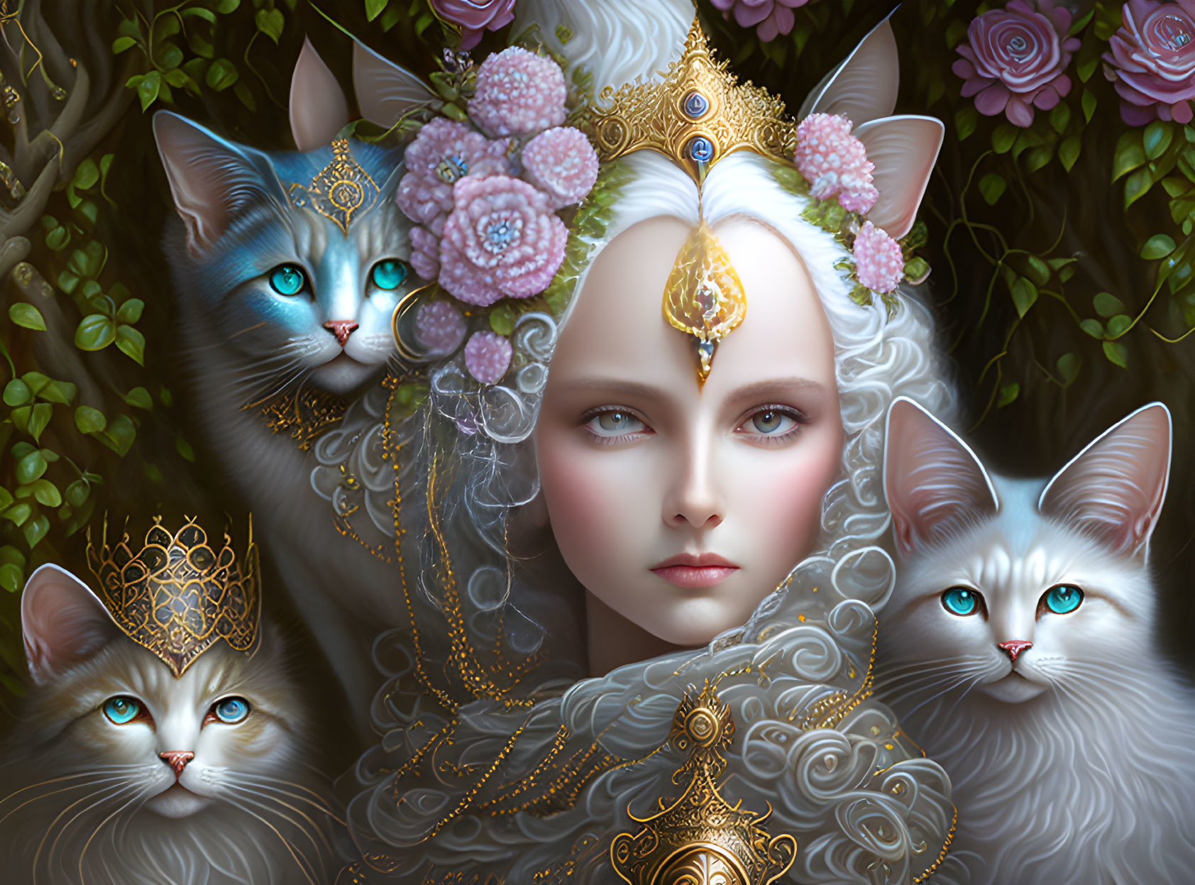 Fantasy illustration of woman with floral crown, jewelry, and white cats amid lush greenery