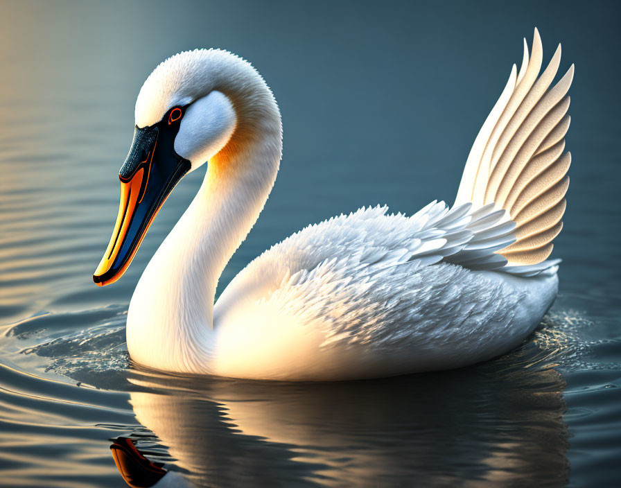 White Swan with Orange Beak Floating on Blue Waters