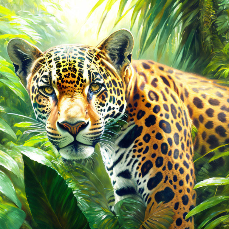 Majestic leopard with vibrant spots in lush green foliage