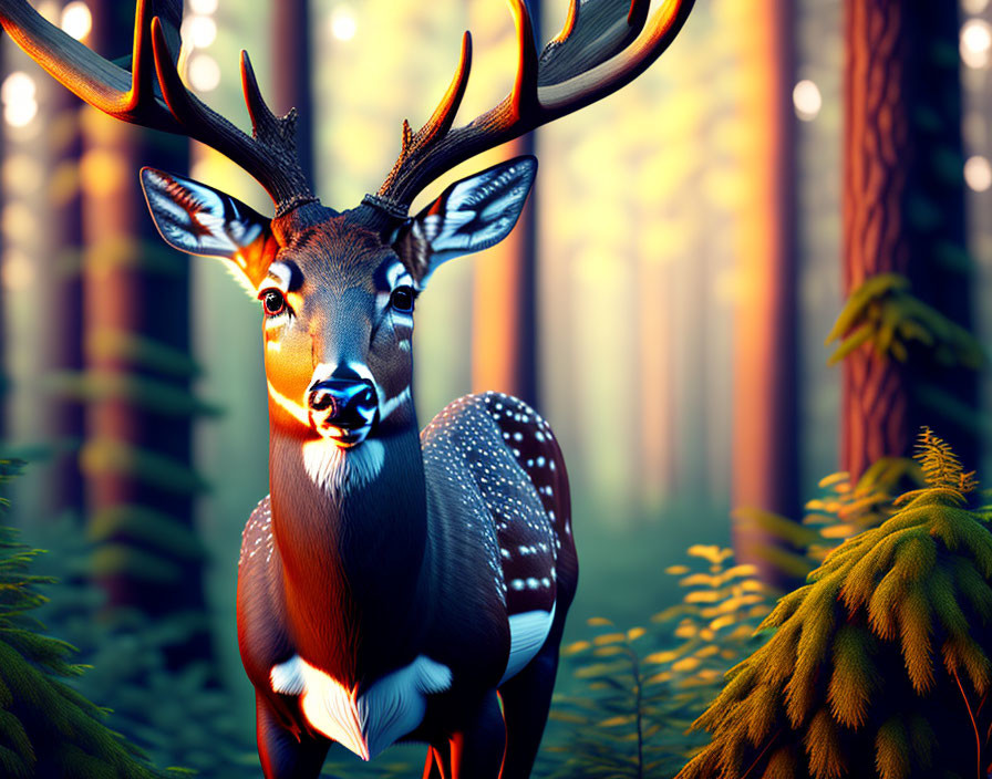 Majestic stag with large antlers in enchanting forest