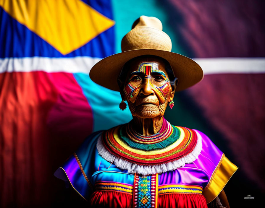 Elder in Traditional Attire with Face Paint Against Colorful Geometric Background