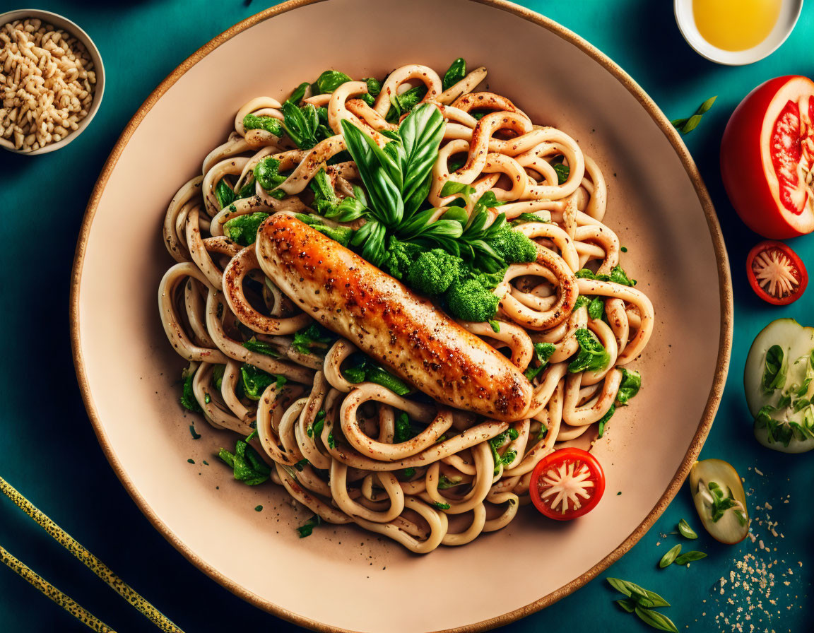 Plate of spaghetti with grilled sausage, basil, and broccoli on teal background