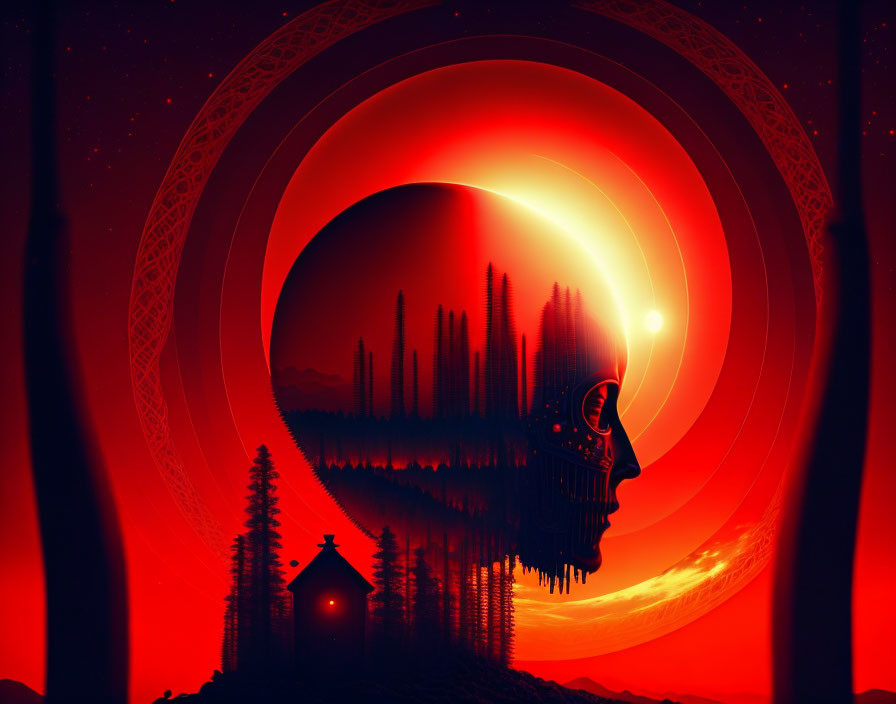 Surreal red and black landscape with skull silhouette, pine trees, small house, stylized sun