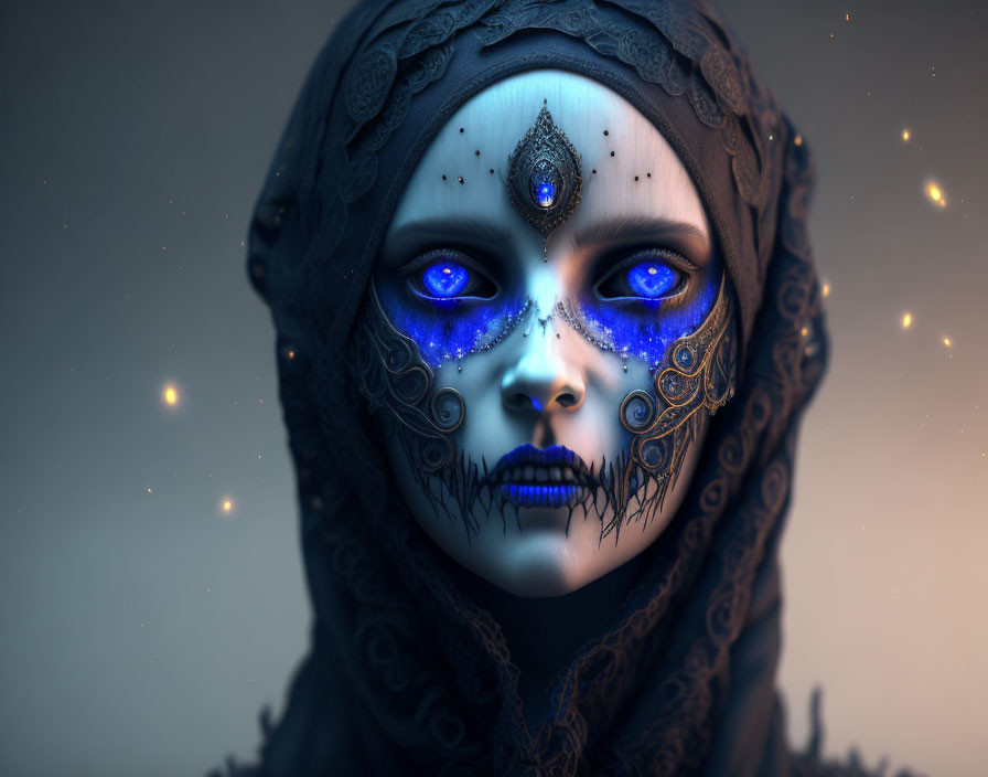 Mystic figure with blue eyes, ornate face paint, jewel, aura.