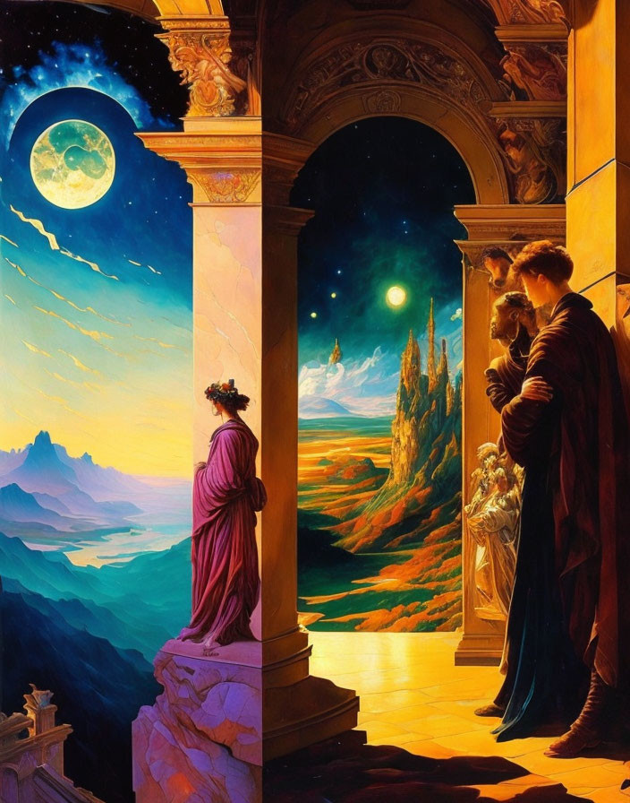 Fantasy artwork: Romantic couple by archway, vibrant landscape, mountains, starry sky with two