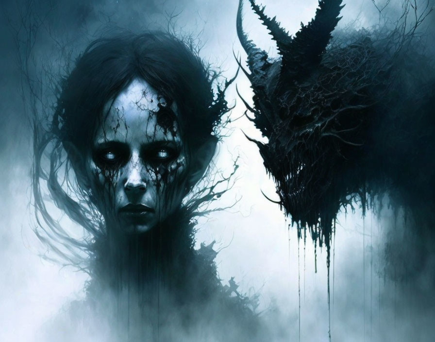 Pale figure with dark eyes and cracked skin next to shadowy beast in foggy setting