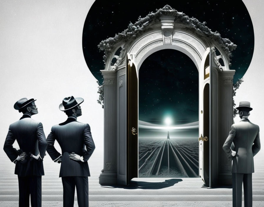 Three men in suits and hats gaze at open doorway under starry sky.